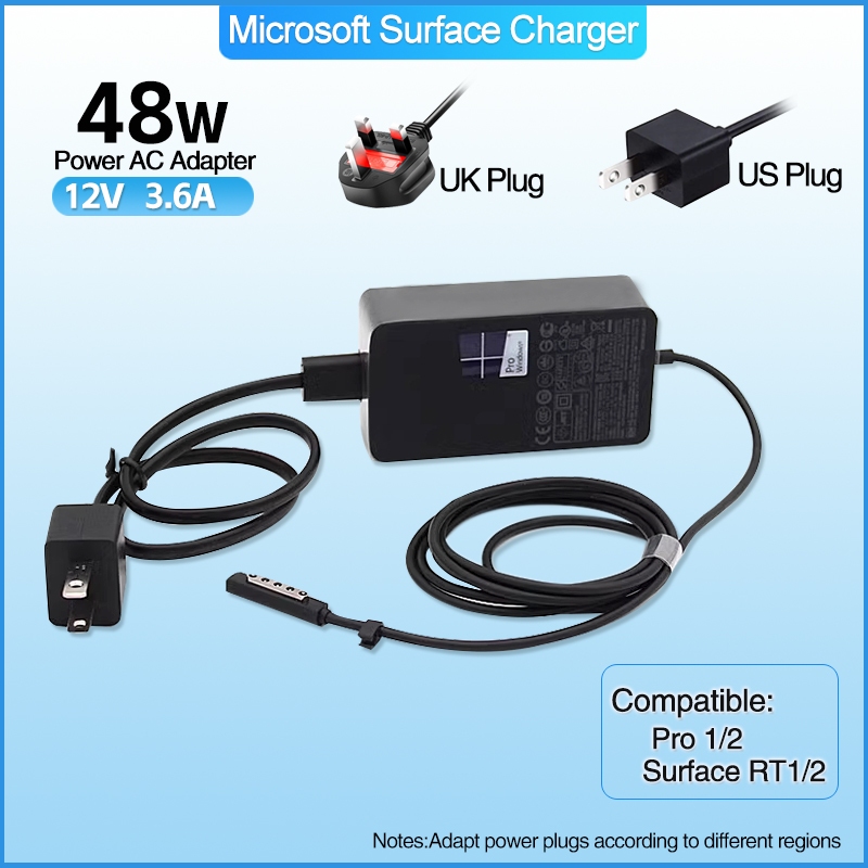 เครื่องชาร์จ Microsoft Surface Pro 2/Pro 1/RT 48W 12V 3.58A พร้อมปลั๊กติดผนังและสายไฟ 6 ฟุต รองรับ Pro 2/Pro 1/RT