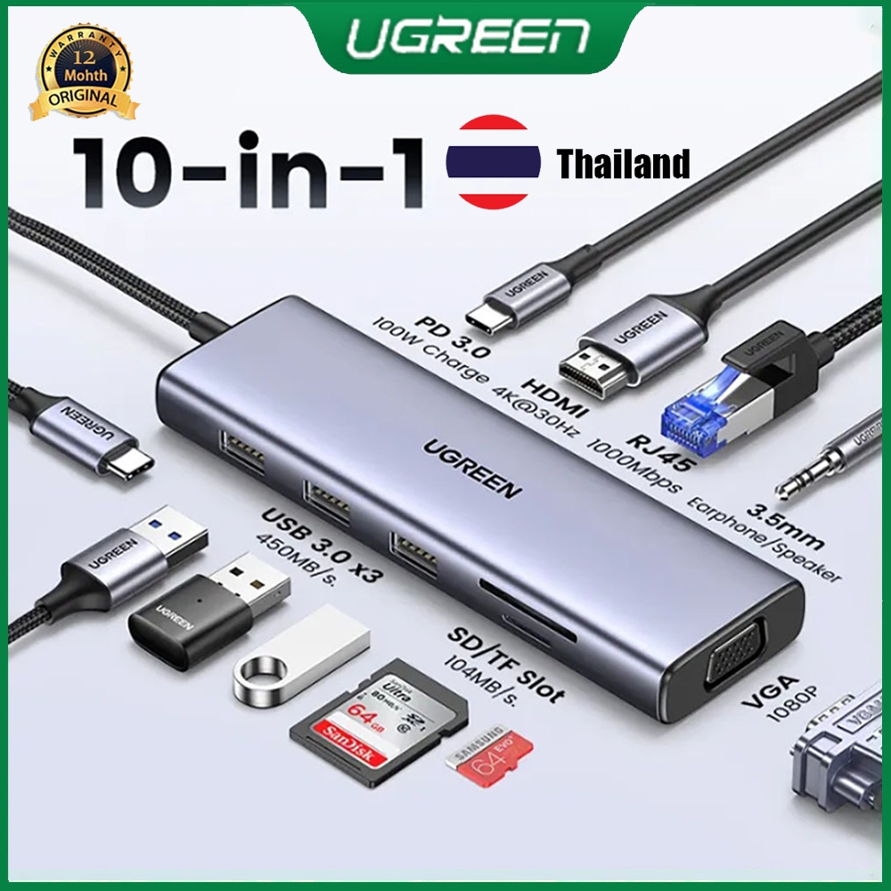 Ugreen 10 in 1 ฮับ USB C 4K HDMI VGA 100W 3 พอร์ต USB 3.0 TF การ์ดรีดเดอร์