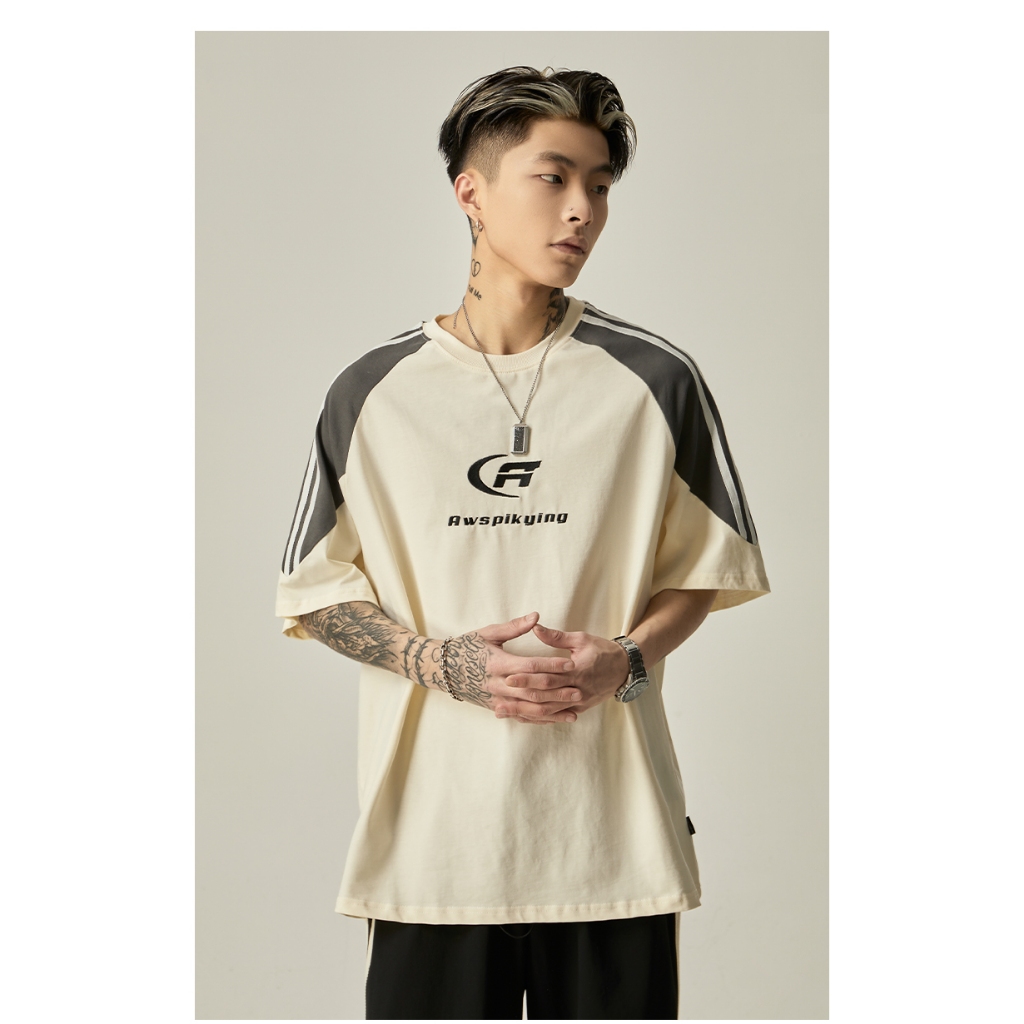 Proman [ 2 สี COD ]เสื้อยืดสไตล์อเมริกันอินเทรนด์แมนลายปักไหล่เสื้อยืดแขนสั้นสำหรับผู้ชาย M-3XL