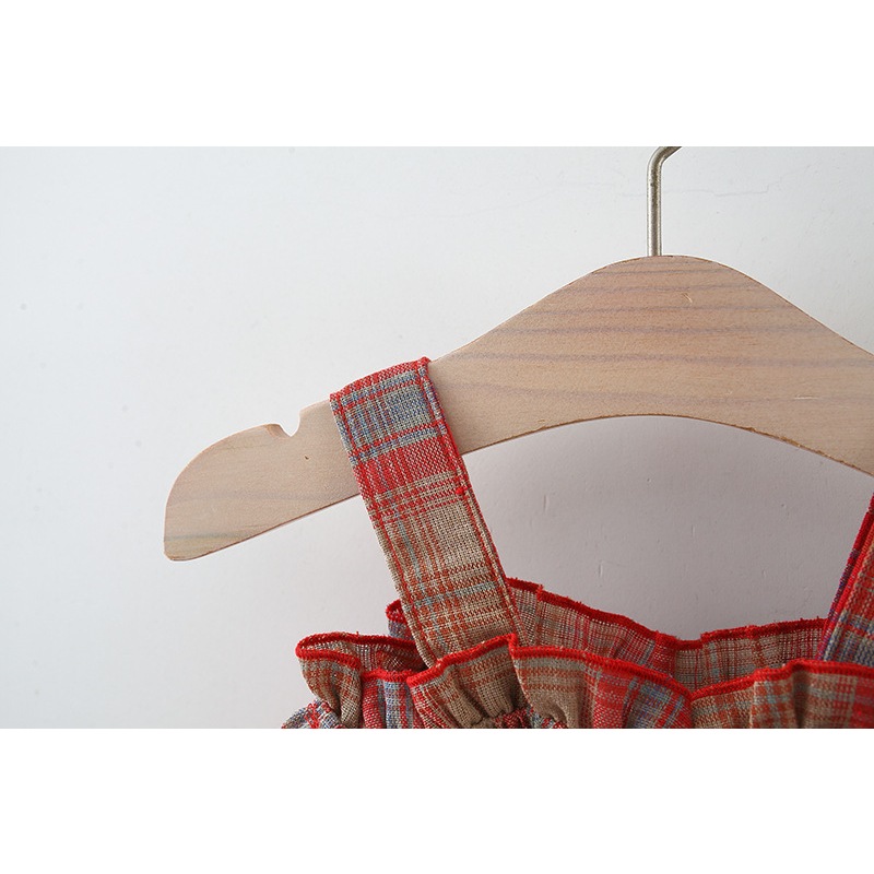 ฤดูร้อนใหม่สีแดงตาหมากรุกแขวนเด็กสาวชายหาดชุด,สไตล์เกาหลีของขวัญหมวกชายหาดเด็กเสื้อผ้าแขนกุด (9 เดือน -3 ปี)