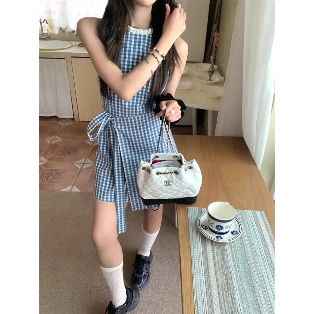 NZN ชุดเดรสคอกลมแขนกุดสองสีสําหรับผู้หญิงชุดเดรสลูกไม้เอวแคบ