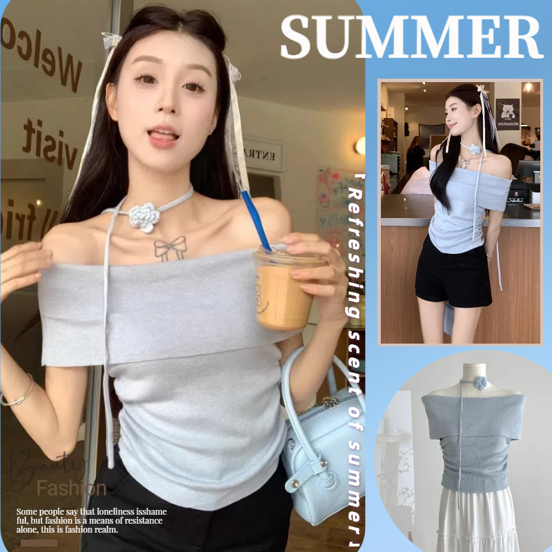 NZN เสื้อถักแขนสั้นไหล่เดียวเซ็กซี่ของผู้หญิงแฟชั่นฤดูร้อน