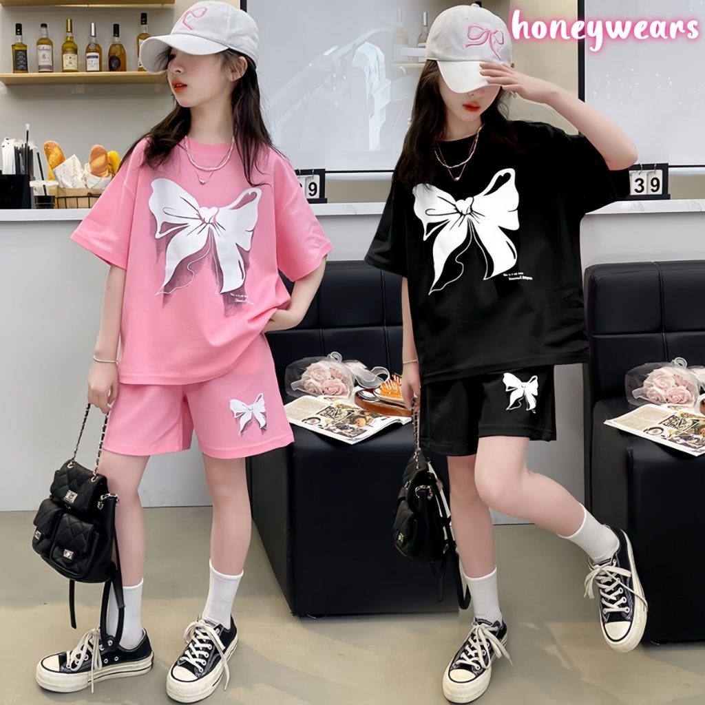honeywears พร้อมส่ง ชุดสูทแขนสั้นโบว์เด็กหญิง กางเกงขาสั้นสีชมพู สไตล์เกาหลี ฤดูร้อน 2ชิ้น ไซส์ 120-160