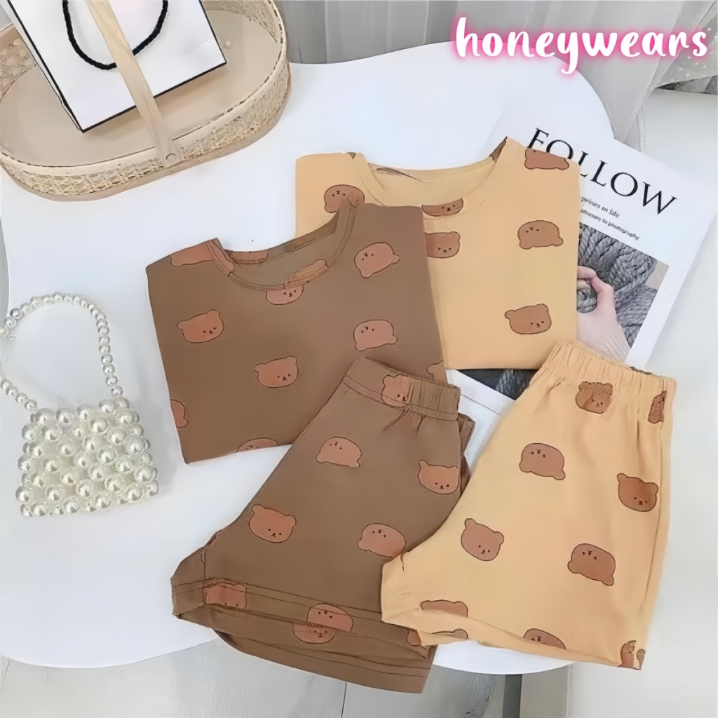 honeywears พร้อมส่ง ชุดเซ็ทเด็กลายหมีน่ารัก คอกลมแขนสั้นกางเกงขาสั้น สไตล์เกาหลี 2ชิ้น ฤดูร้อน ไซส์ 100-150