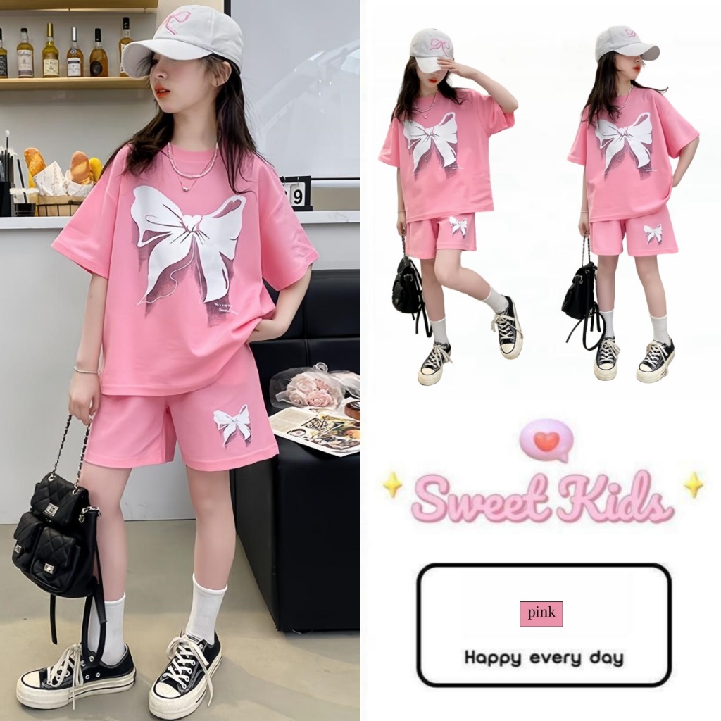 SweetKids พร้อมส่งจากกทม ชุดเซ็ทเด็กผู้หญิง แฟชั่น เสื้อแขนสั้นกางเกงขาสั้นลายโบว์ ลําลอง หวานและเย็นสบาย ฤดูร้อน