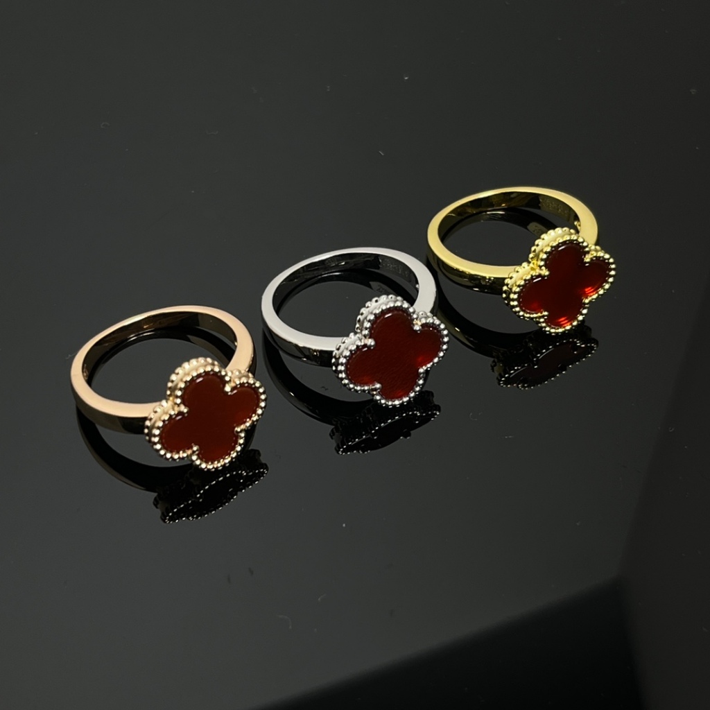 Van classic แฟชั ่ นโคลเวอร ์ สี ่ ใบ Vintage Alhambra แหวนเปลือกหอยสีแดง cleef