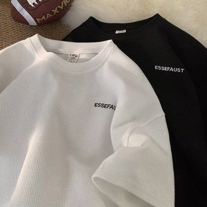 เสื้อยืดแขนสั้นลําลอง แบบครึ่งแขน ทรงหลวม ลายวาฟเฟิล เหมาะกับฤดูร้อน สไตล์สตรีท สําหรับผู้ชาย - รูปที่ 7