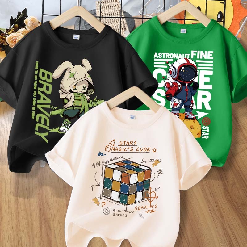 [110ซม.-160ซม.] เสื้อผ้าแฟชั่นเด็กเด็กชายและเด็กหญิงเสื้อยืดเด็กหญิงยืดผ้าเด็กเสื้อผ้าแขนสั้นผ้าฝ้ายแท้อินเทรนด์ตัวการ์ตูนพิมพ์กีฬา