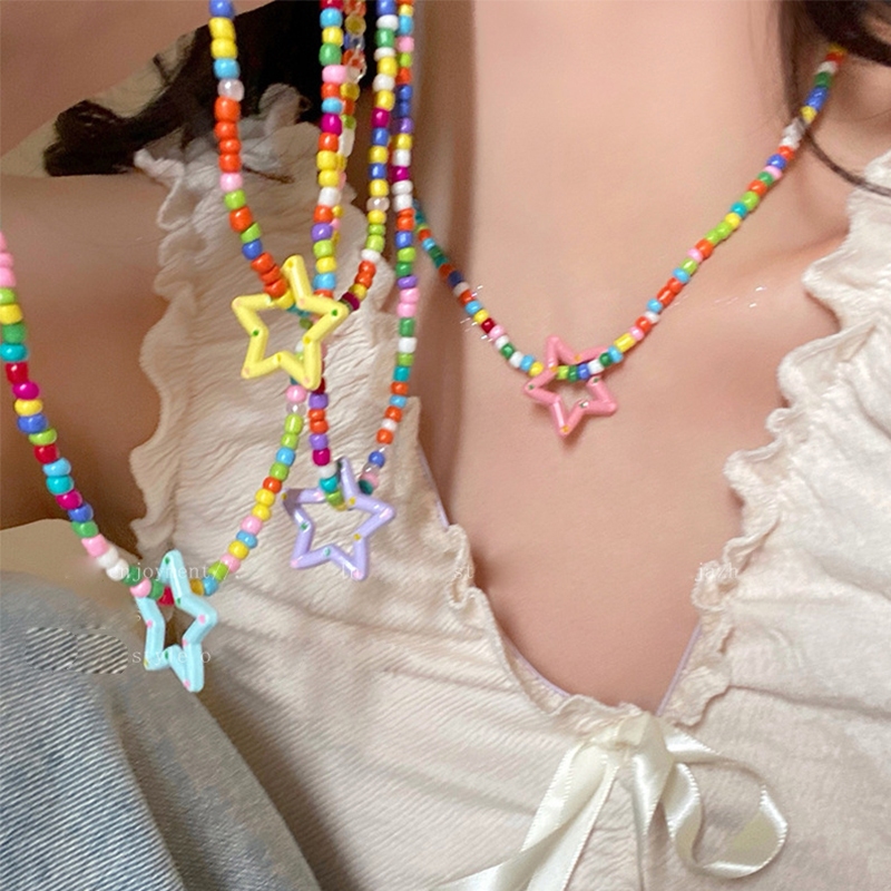 Dopamine Star จี ้ สร ้ อยคอผู ้ หญิงที ่ มีสีสัน Handmade ลูกปัด Clavicle Chain สร ้ อยคอ