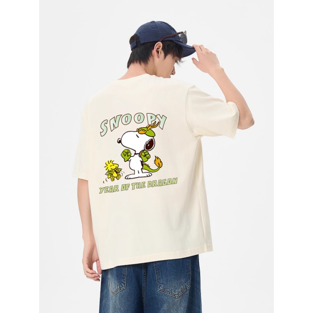 Uniqlo ใหม ่ เสื ้ อยืดแขนสั ้ นหลวม Snoopy รอบคอคู ่ การ ์ ตูนสไตล ์ Unisex