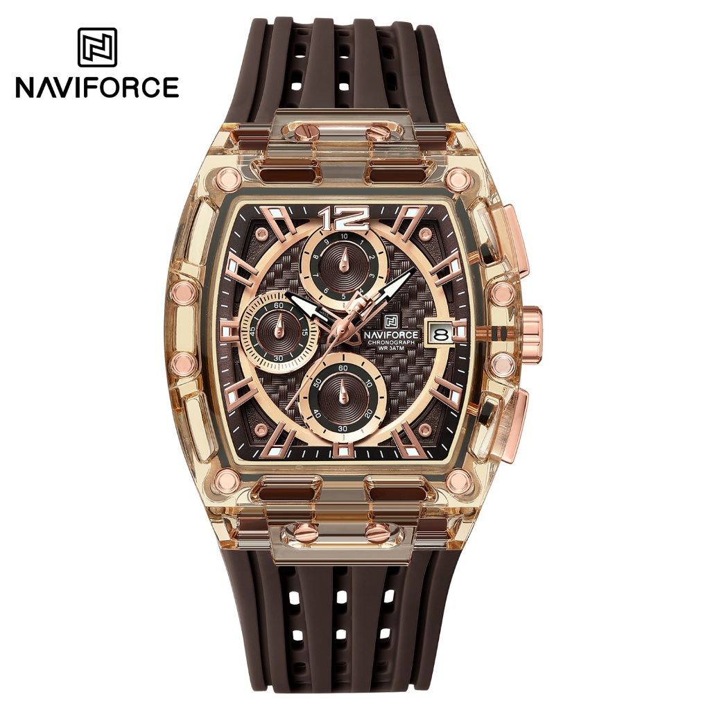 Naviforce 7105 แฟชั ่ นกีฬาผู ้ ชายควอตซ ์ นาฬิกาพลาสติกสายซิลิกาวันที ่ Luminous Pointer Barrel รูป Dial Design ผู ้ ชาย Chronograph