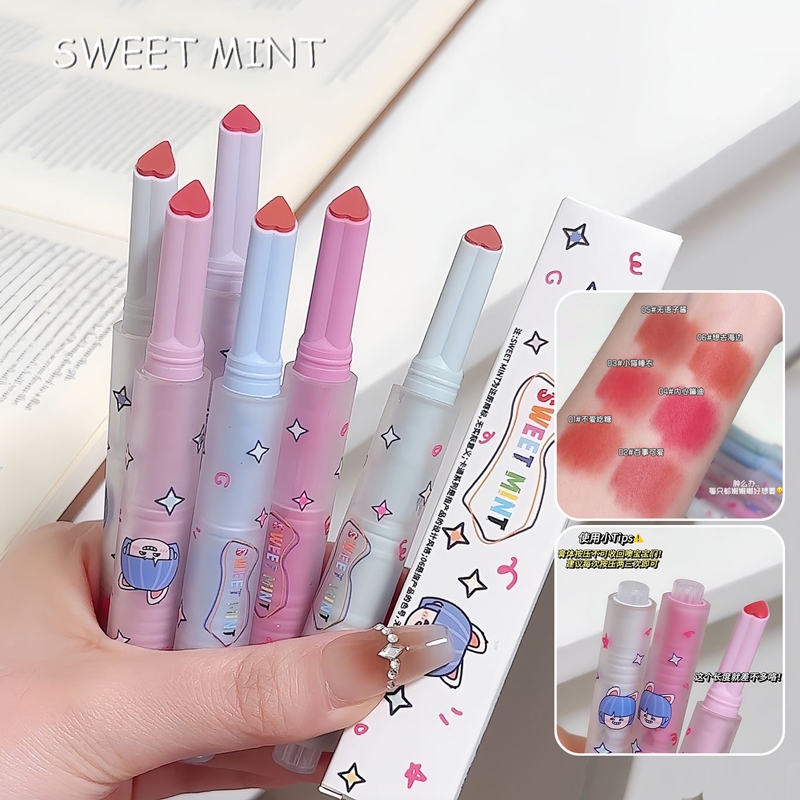 Sweet MINT การ์ตูน Solid Lip Mud 1.5g Push Type Natural Matte Mist ติดทนนาน Non Stick Cup ลิปสติกสีแดงสีน้ําตาล Tone Lip แต่งหน้า