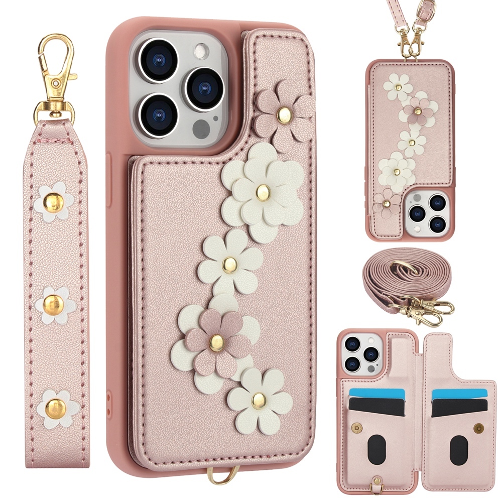 ที่ถอดออกได้Crossbody Lanyardช่องใส่การ์ดดอกไม้หนังสําหรับiPhone 16 16e 15 14 13 12 11 Pro Max XS Maxพร้อมสายรัดข้อมือ