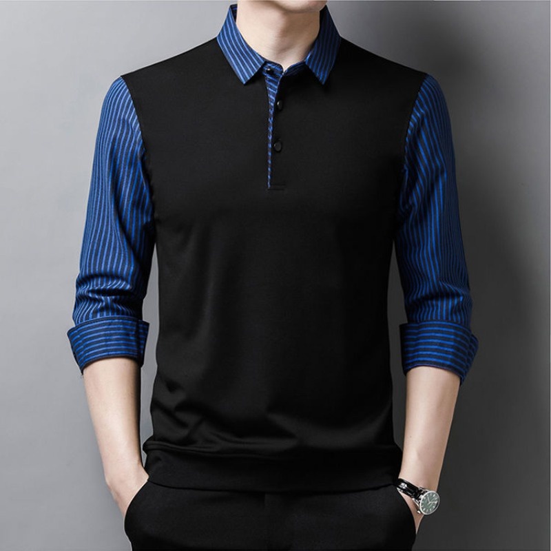 เสื้อโปโลแขนยาว คอวี ลายทาง ระดับไฮเอนด์ แฟชั่นสําหรับผู้ชาย