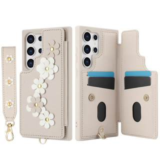 SAMSUNG พร้อมสายคล้องมือสั้นดอกไม้หนังเคสโทรศัพท์สําหรับSamsung Galaxy S22 S23 S24 S25 FE S26 Ultra A17 A07 A56 A36 ช่องใส่การ์ดฝาครอบ