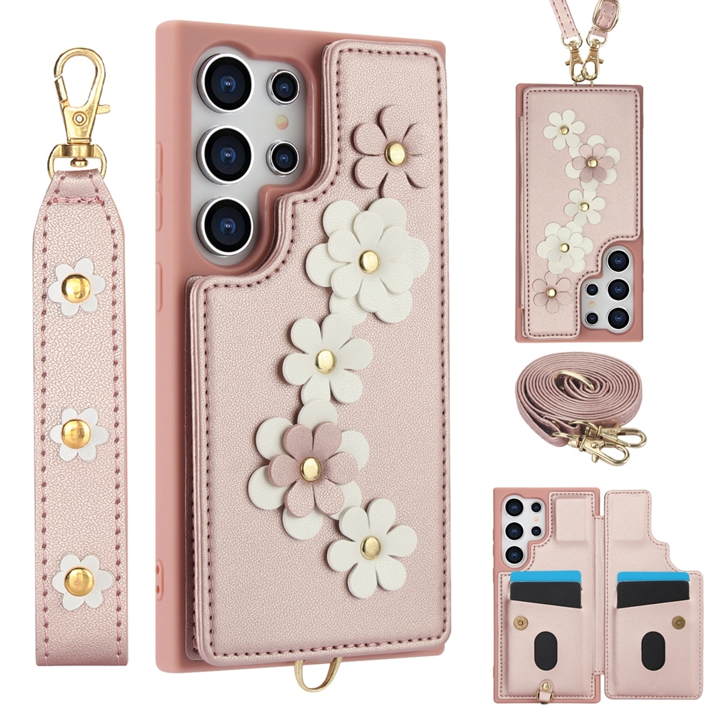 Crossbody Lanyard ดอกไม้หนังสําหรับ Samsung Galaxy S22 S23 FE S25 S24 Ultra S24 Plus A55 A35 A15 A54 A34 A14 A53 A13 ช่องใส่การ์ดสายคล้องมือฝาครอบ