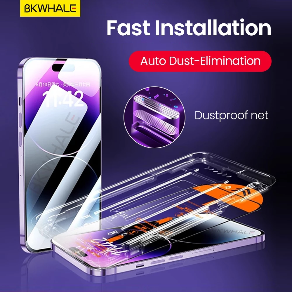 BKWHALE ติดตั้งง่ายกระจกนิรภัยแบบเต็มหน้าจอสําหรับ iPhone 17 Pro Max 11 12 13 14 15 16 Pro Max 17e 16e 16 Plus 17Air X Xs Max XR ความเป็นส่วนตัว / PurpleRay / HD ฟิล์มป้องกัน