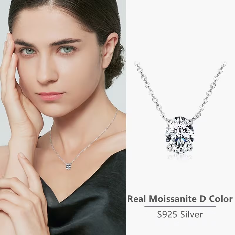 รูปไข่จริง Moissanite 2 กะรัต 7*9 มม.ผู้หญิงสร้อยคอเพชรใบรับรอง GRA 18K ชุบทอง S925 สร้อยคอจี้เงินสเ