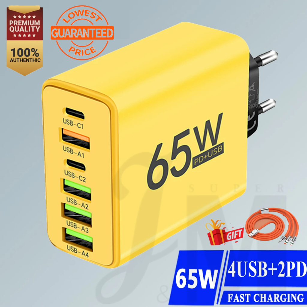 6 พอร์ต 65W PD USB TypeC Fast Charger Quick Charge 3.0 Power Adapter สําหรับ iPhone 15 14 13 12 Samsung Xiaomi Huawei