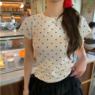 【WJZ】เสื้อยืดแขนสั้นคอกลมสั้นลายจุดย้อนยุคแฟชั่นสตรี【T38】