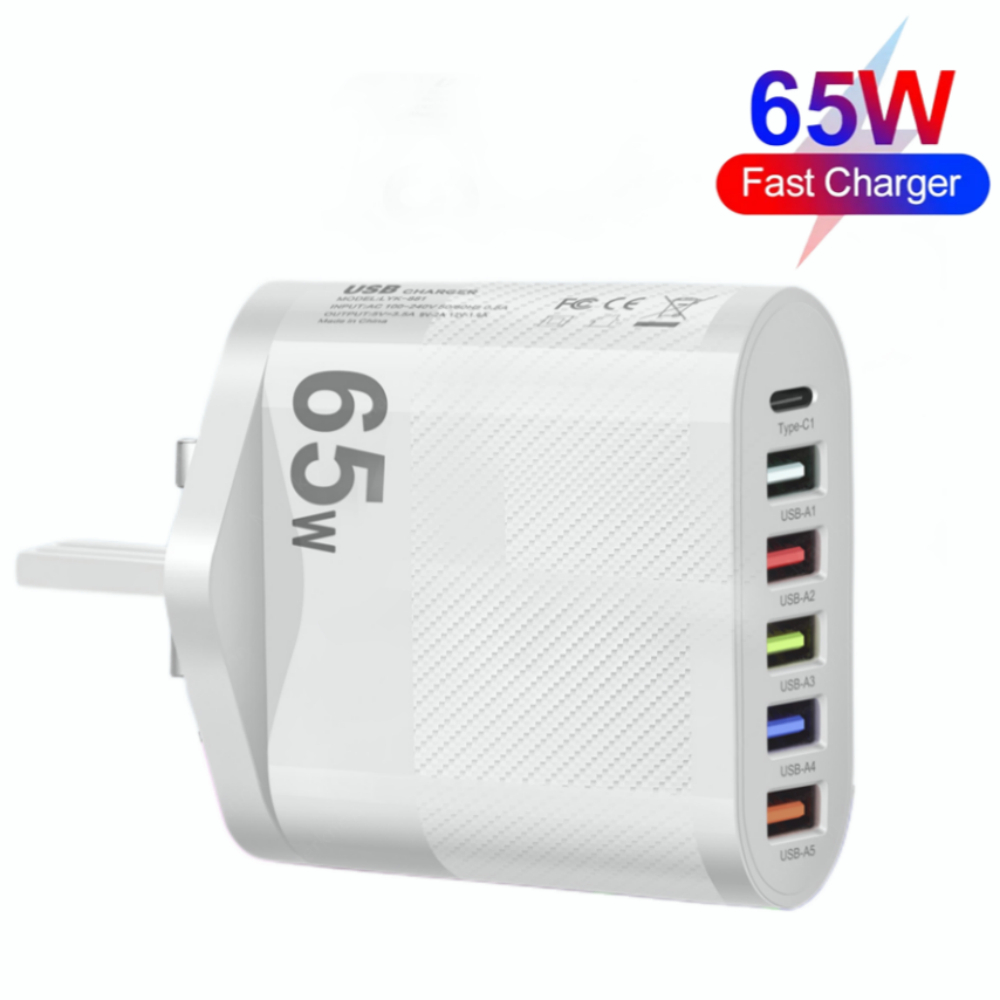 คลังสินค้าพร้อม65W Multi-Port 5USB + 1Type-c โทรศัพท์อะแดปเตอร์ชาร์จเร็ว US UK EU ปลั๊กไฟ Travel Adapter Wall Charger