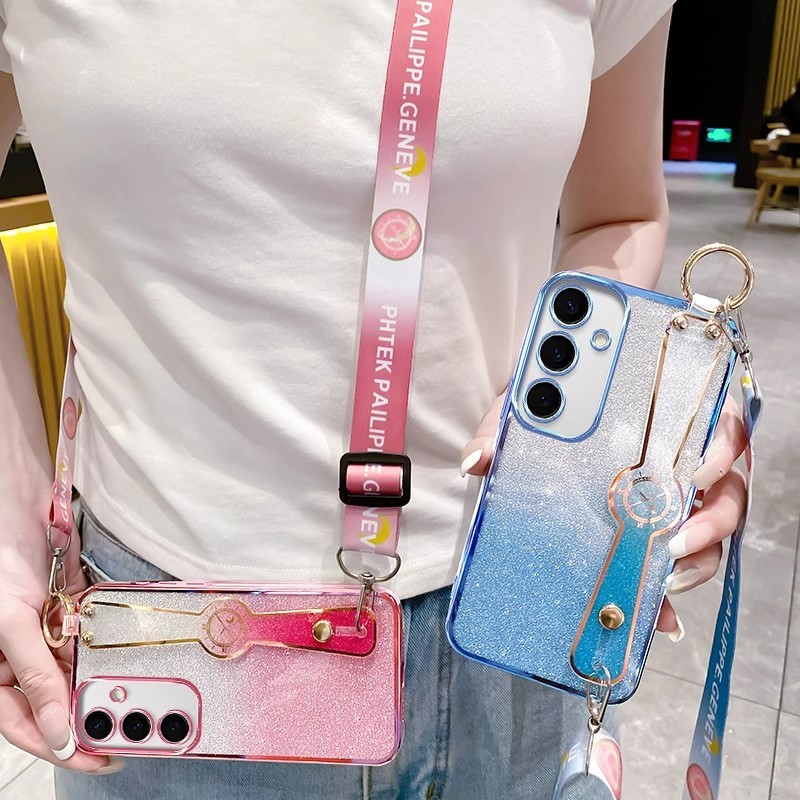 Glitter สายรัดข้อมือเคสโทรศัพท์สําหรับ Samsung Galaxy S24 S23 S22 S21 S20 Ultra S22 S24 Plus S21 S20 S23 FE ชุบซิลิโคนอ่อนที่วางโทรศัพท์ Bracket Cover