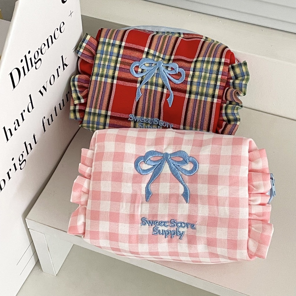 Grid Bowknot Make up case กระเป ๋ าเครื ่ องสําอางผ ้ าลูกฟูกแฟชั ่ นเกาหลีความจุขนาดใหญ ่