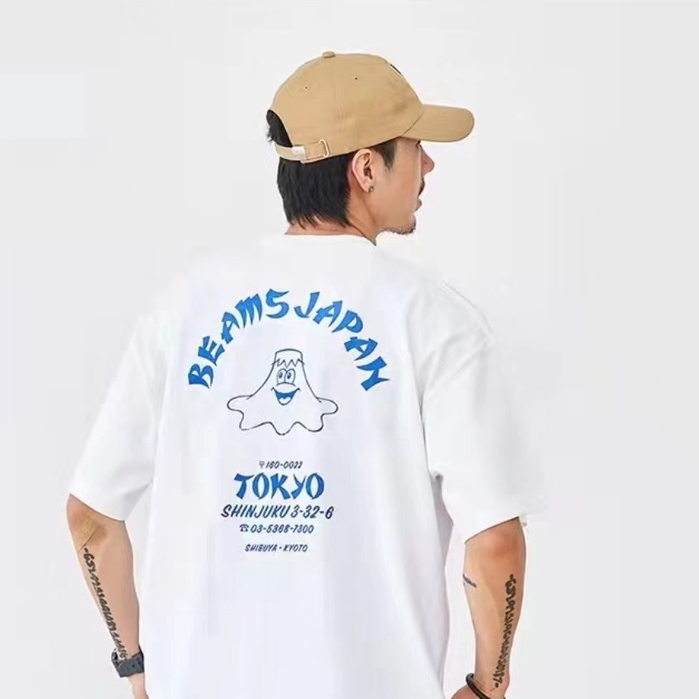 BEAMS JAPAN 23SS ญี่ปุ่น Graffiti พิมพ์คู่เสื้อยืดแขนสั้นผู้ชายผู้หญิง INS อินเทรนด์รอบคอ