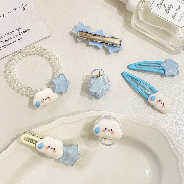 น่ารักเมฆสีฟ้าดาวขนาดเล็ก ไฮคิว เมฆสีฟ้าดาวกิ๊บขนาดเล็กสําหรับผู้หญิง2024ใหม่ด้านคลิปด้านบางผมหักกิ๊บ ชม. หูฟัง คลิปสําหรับผู้หญิง2024ใหม่ด้านคลิปด้านบางโบร