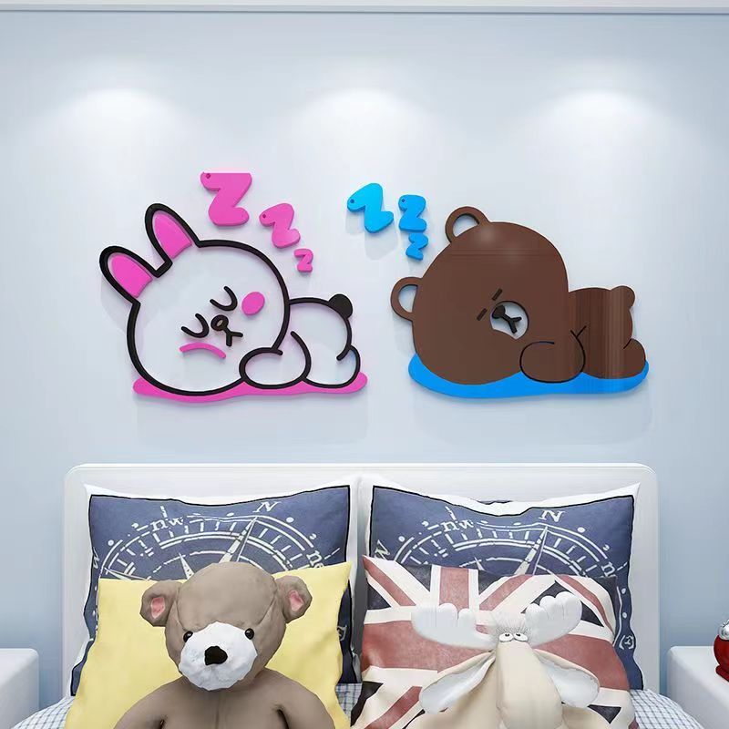 【DAORUI 】หมีสีน้ำตาล & กระต่ายโคนี่เด็กชายและหญิงตกแต่งห้องผนังพื้นหลังหัวเตียงตกแต่งผนังห้องนอนสติ๊กเกอร์การ์ตูนอะคริลิค 3D
