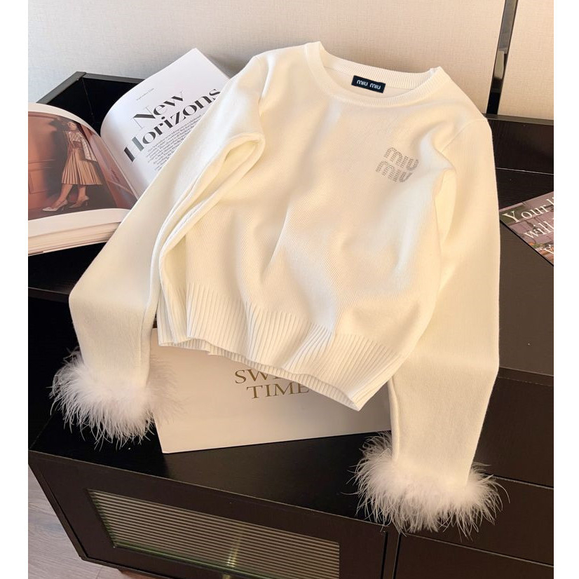 K เสื้อถัก แขนสั้น เอวสูง ประดับเพชร