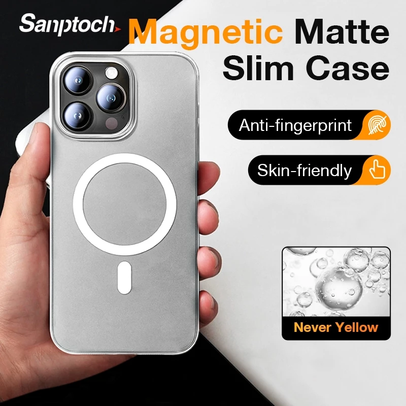 Sanptoch สําหรับ Magnetic Slim Matte Clear เคสโทรศัพท์สําหรับ iPhone 17 / 16 / 15 / 14 / 13 / 12 Pro Max Frosted โปร่งแสง Hard Cover Non-yellowing Light Thin Protection Casing