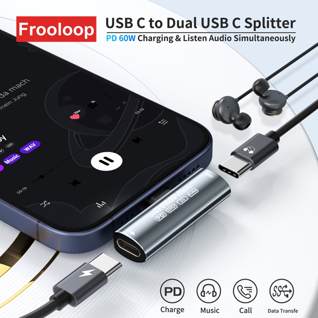 Pd 60W C ถึง Dual USB C หูฟังแจ็คอะแดปเตอร์ USB3.2 GEN2 10 Gbps ข้อมูล OTG Type-C ถึง C Audio Aux Co
