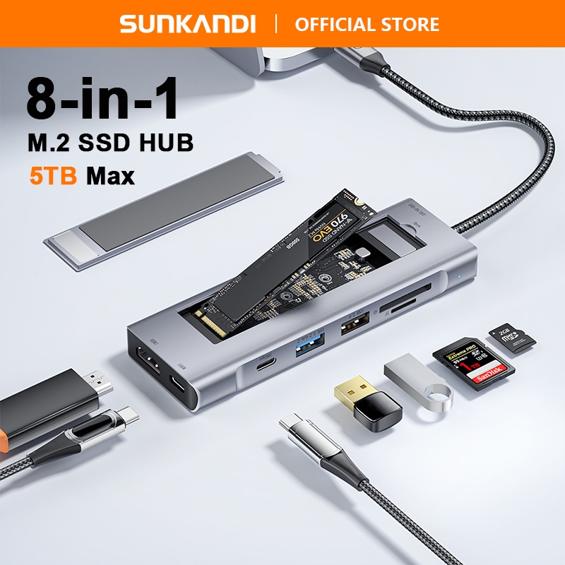 สถานีเชื่อมต่อ SUNKANDI 8-in-1, แท่นเชื่อมต่อ, และกล่องฮาร์ดไดรฟ์ทั้งหมดในหนึ่งเข้ากันได้กับ 10Gbps เหมาะสําหรับ MacBook Pro