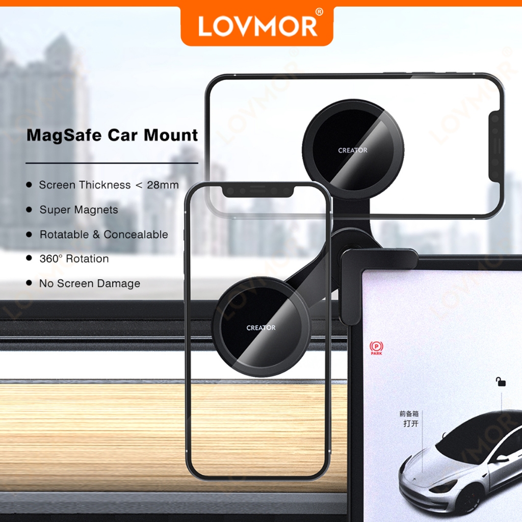 LOVMOR ที่วางโทรศัพท์ในรถยนต์แบบแม่เหล็ก ที่ยึดรถพับได้ เหมาะสําหรับหน้าจอรถหนา 6-25 มม เข้ากันได้กับ Tesla, BYD ฯลฯ