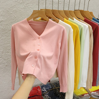 สไตล ์ ใหม ่ เสื ้ อกันหนาวคอวีสั ้ นผู ้ หญิงแขนยาวเสื ้ อส…