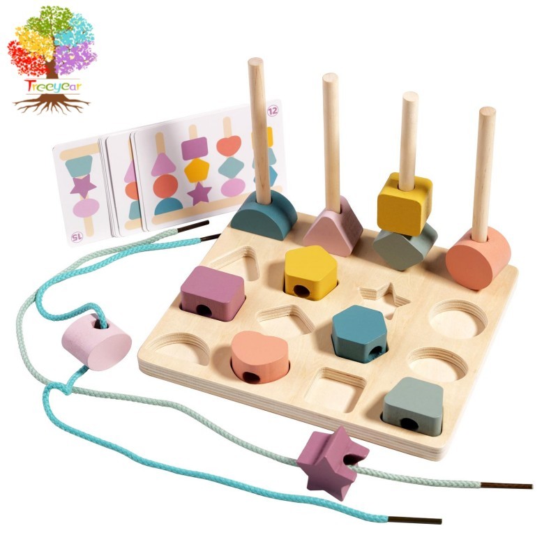 ลูกปัดไม้ชุดของเล่นบ่อยครั้ง,มอนเตสซอรี่ของเล่นสําหรับ3 4 5ปี,ลูกปัดปักและบล็อกซ้อนและกองกําลังจับคู่,ของขวัญของเล่นการเรียนรู้ก่อนวัยเรียนส