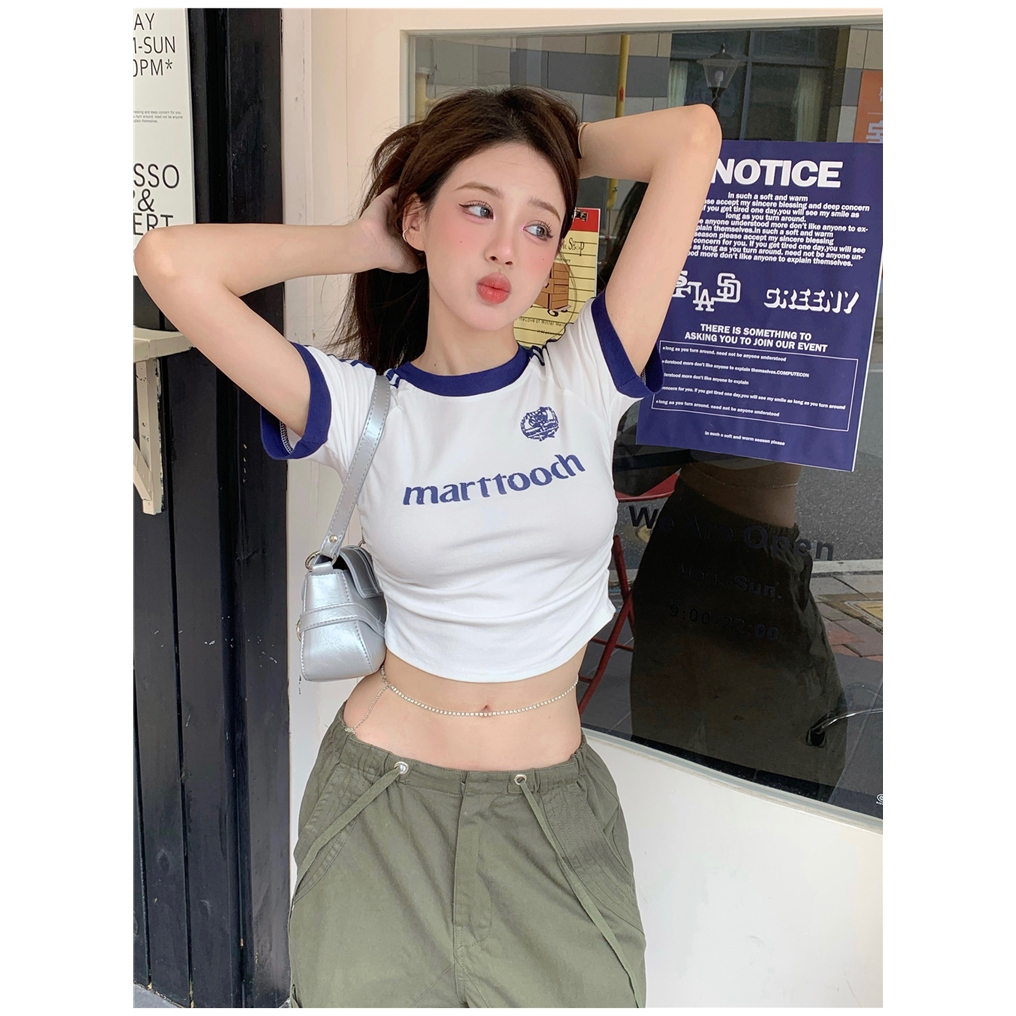 Hotgirl พร้อมส่ง✨เสื้อครอป เสื้อยืดผู้หญิง ครอปรัดรูป  แขนสั้นเซ็กซี่ ย้อนยุคสไตล์อเมริกัน แฟชั่นผู้หญิง คอกลม ไม่ร้อน - รูปที่ 2