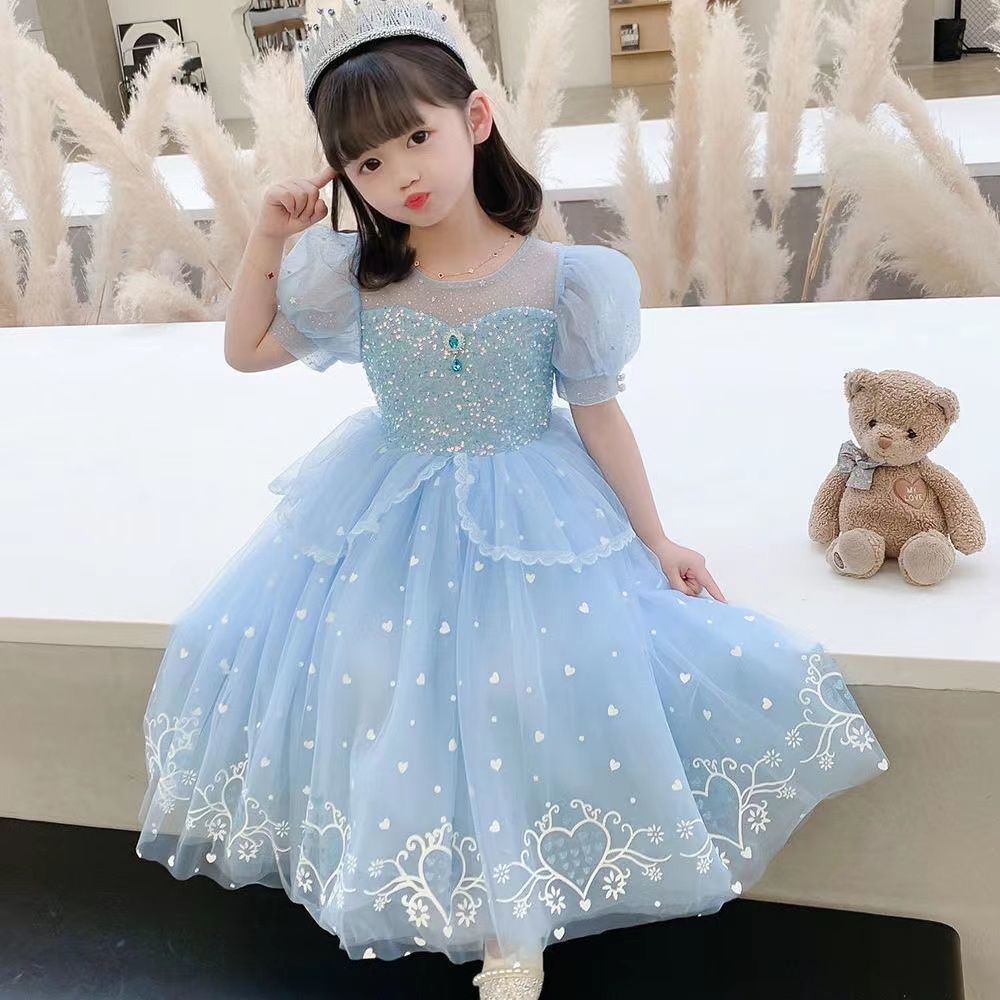 2024 ฤดูร้อนสไตล์ใหม่สาวแต่งตัวเอลซาเจ้าหญิงประสิทธิภาพกระโปรงผ้ากอซ