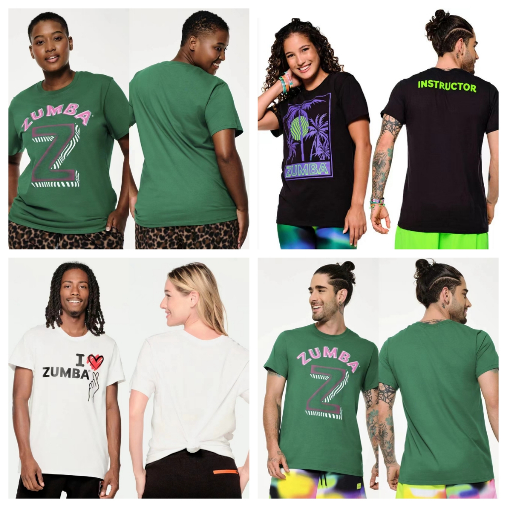 Zumba zumba ZW2024 กีฬาฟิตเนสเสื้อผ้าผู้ชายผู้หญิงผ้าฝ้ายครึ่งแขนสีดําสีขาวสีเขียวรุ่นหลวมขนาดใหญ่