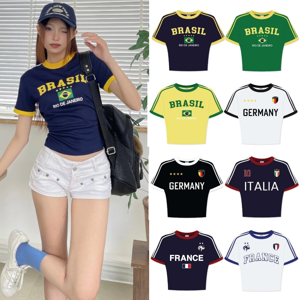 Babytee เสื้อครอปสตรีสไตล์เกาหลีเสื้อตัวฟุตบอลผสมแบรนด์ท้องถิ่นเทรนด์มาแรง 2025