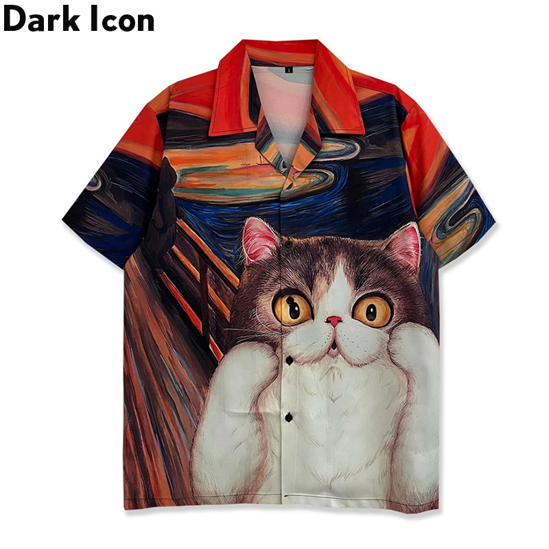 Dark Icon Lovely Cat เสื ้ อเชิ ้ ตผู ้ ชายแขนสั ้ น Cuba Collar 3Digital พิมพ ์ เสื ้ อสําหรับผู ้ ชายชาย Top