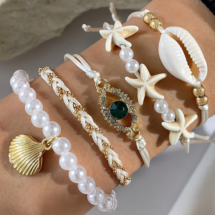 Boho Blue Evil Eye Blessed สร้อยข้อมือชุด Handmade Pearl ปลาดาวสร้อยข้อมือชุดผู้หญิงเครื่องประดับชายหาดวันหยุดของขวัญแฟชั่น