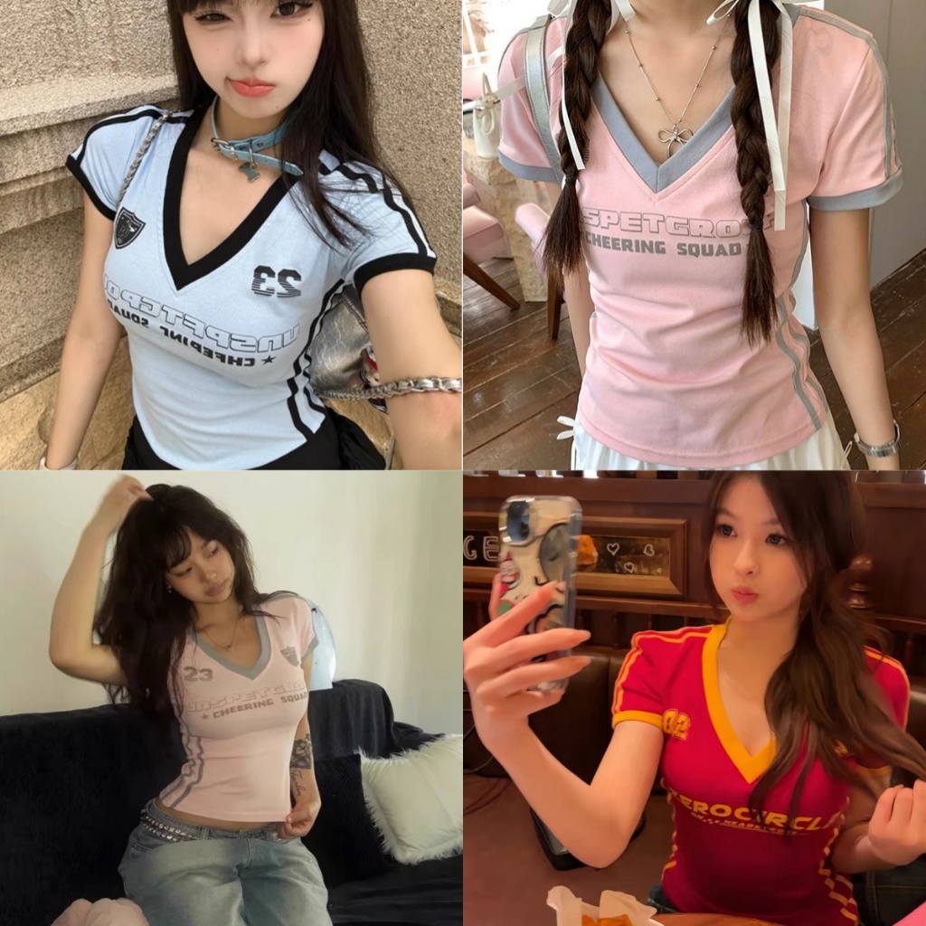 เสื้อยืดแขนสั้นคอวีแนววินเทจสไตล์อเมริกันสำหรับผู้หญิง Y2K เข้ารูปสีตัดกันเย็บสาวฮอตแบบสั้น INS แฟชั่น