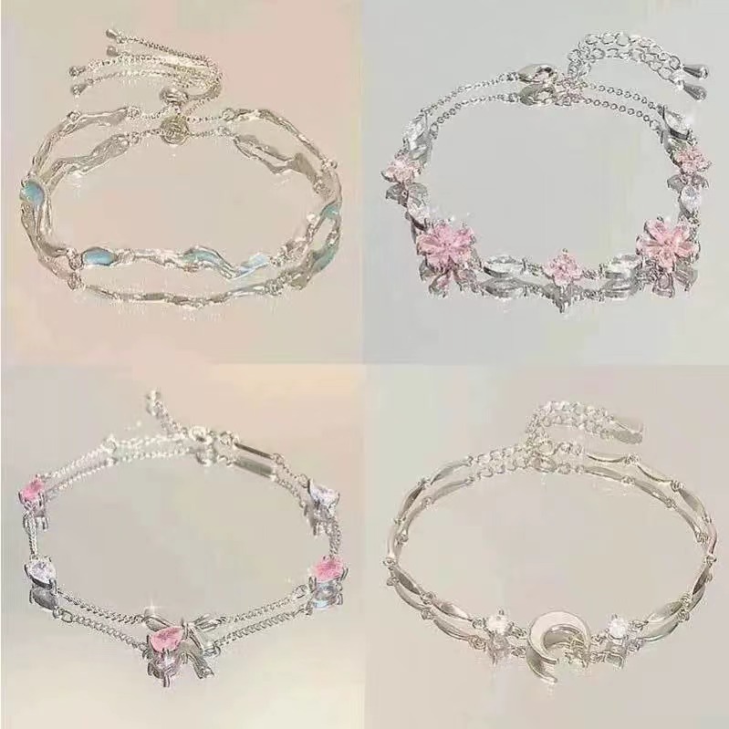 สีชมพู Cherry Blossom Bow สร ้ อยข ้ อมือผู ้ หญิง Ins Sweet Moon Sea Waves สร ้ อยข ้ อมือสุภาพสตรีเครื ่ องประดับ