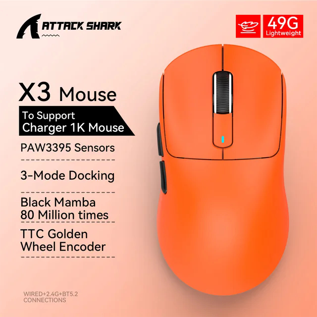 สีใหม่ ATTACK SHARK X3 เมาส์ไร้สาย PAW3375 คืน 4K, การเชื่อมต่อ Tri-Mode Bluetooth, เมาส์สําหรับเล่นเกมมาโคร