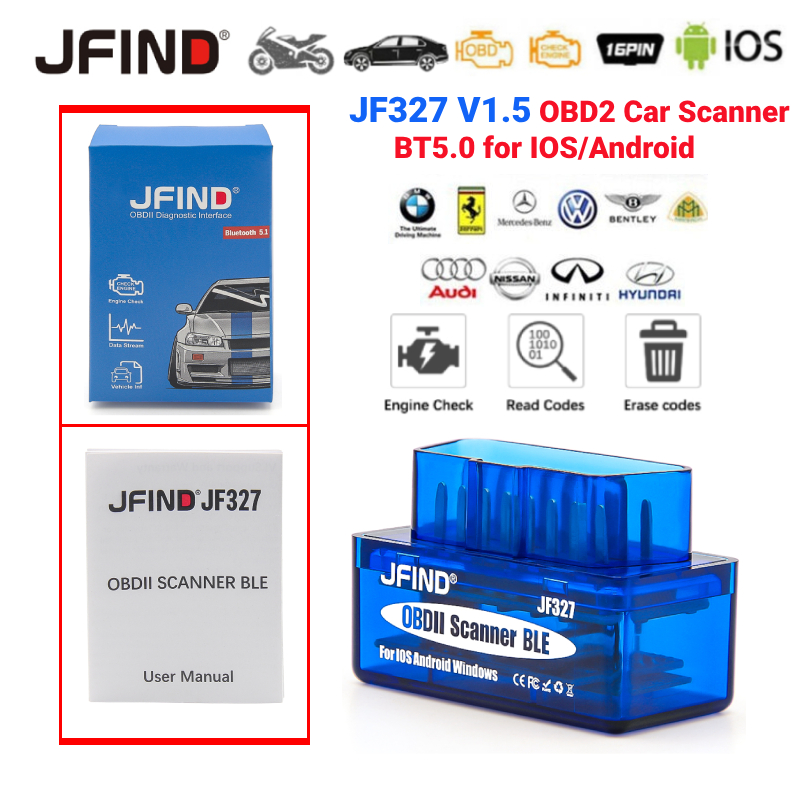 【 ฮอนด ้ าและโตโยต ้ าและรถยนต ์ ทั ้ งหมด 】JFIND JF327 V1.5 OBD2 เครื ่ องสแกนเนอร ์ รถยนต ์ สําหรับเครื ่ องอ ่ านรหัสข ้ อผิดพลาดของเครื ่ องยนต ์ บลูทูธ 5.1 สําหรับ IOS และ Android PIC18F25K80 OBD 2 เครื ่ องมือวินิจฉัยอัตโนมัติ PK ELM327