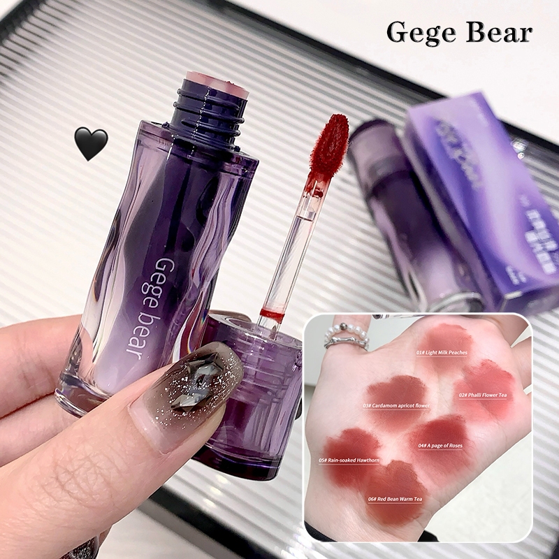 Gege Bear Purple Tube Lip Glaze 6 สี Natural Matte Mist Silky Smooth Smudge กันน้ํา Non Stick Cup สี