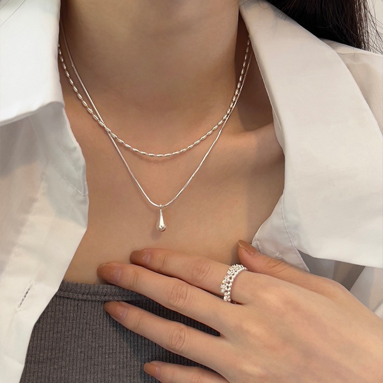 Simple Double Layer Water Drop จี ้ สร ้ อยคอผู ้ หญิง Ins ข ้ าวลูกปัดแฟชั ่ น Clavicle Chain