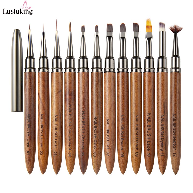 Lusking 12 ชิ้นไม้จันทน์เล็บ Liner แปรงวาดเส้นภาพวาดดอกไม้ปากกาจับเล็บปากกาแปรงเล็บเครื่องมือ